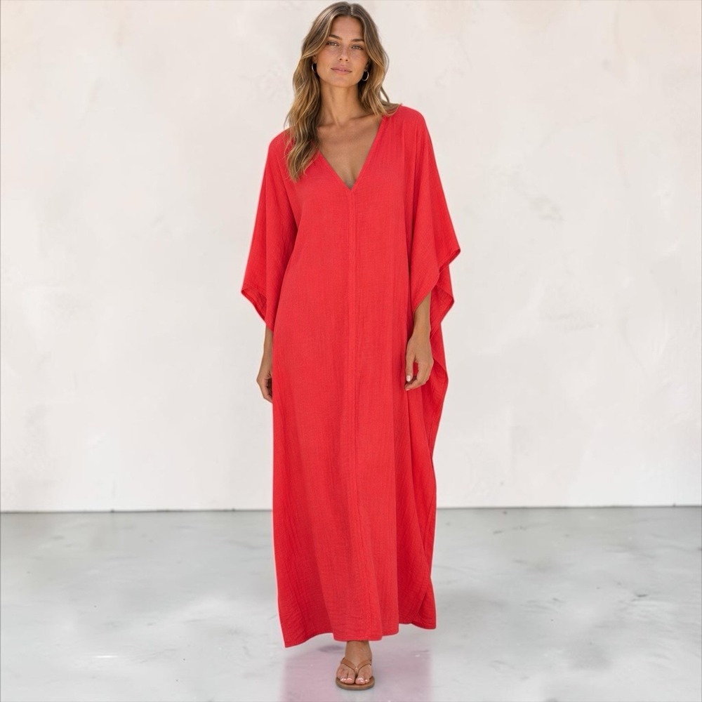 Stark X Cotton Gauze Caftan Maxi Dress Boho Resort Quiet Luxury Sz S